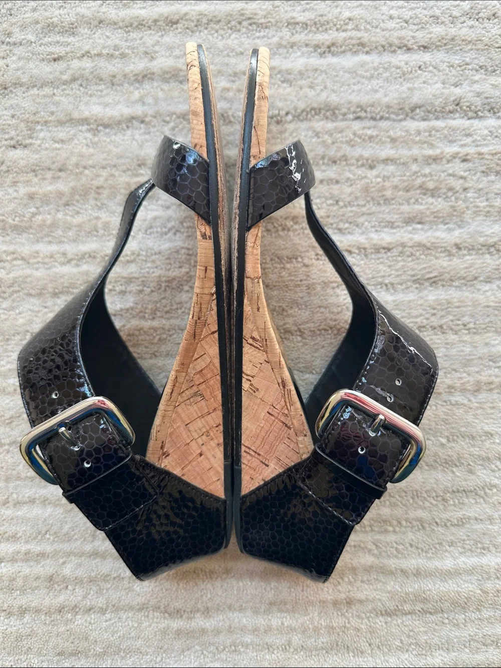 Donald J Pliner Doli Leather Buckle Cork Wedge Sandals Shoes Black Patent 9.5